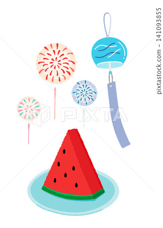 Vector illustration of wind chimes, fireworks, and watermelon Vector illustration of wind chimes, fireworks, and watermelon 141093855