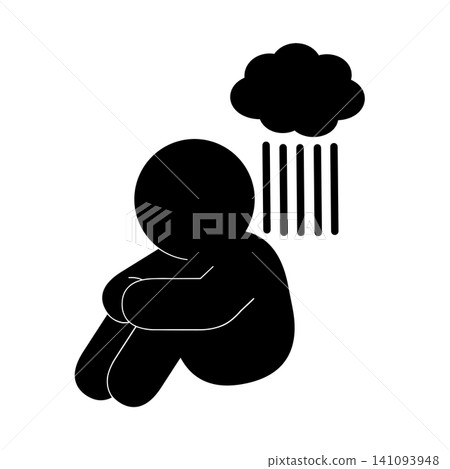 A simple pictogram of a person sitting with their legs tucked under their buttocks, looking a little dejected. 141093948