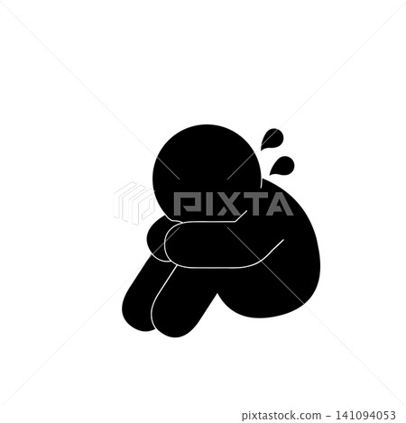 A simple pictogram of a person sitting with their legs crossed and their face buried in their hands, looking dejected. 141094053