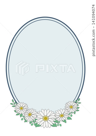 Natural oval frame with gerbera flowers on a blue-gray background. Natural oval frame with gerbera flowers on a blue-gray background. 141094074