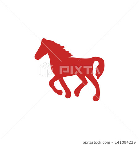 A dynamic silhouette illustration of a red horse on a white background, featuring a running animal. A dynamic silhouette illustration of a red horse on a white background, featuring a running animal. 141094229