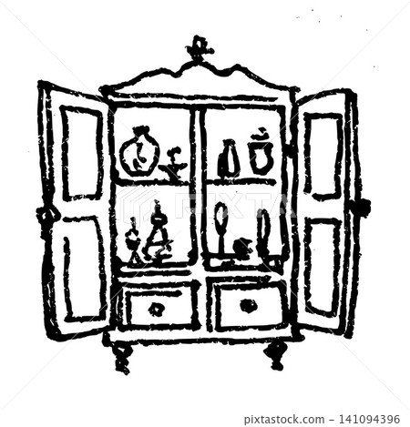 Hand Drawn Open Curiosity Cabinet Vector Line Art 141094396