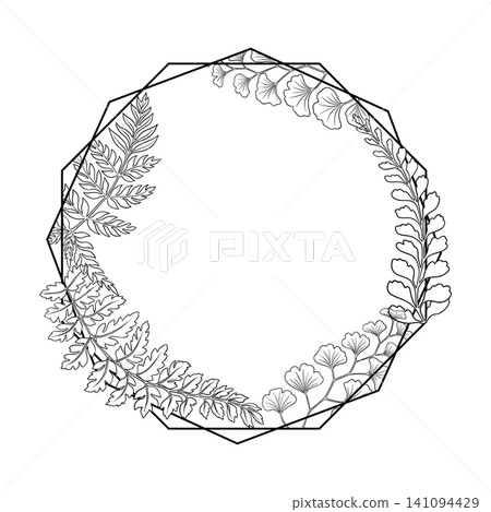 Vector fern leaves thin outline frame. Hand drawn polygonal botanical design with black foliage and copy space. Decorative template for wedding card label. Woodland nature logo for floral decoration. Vector fern leaves thin outline frame. Hand drawn polygonal botanical design with black foliage and copy space. Decorative template for wedding card label. Woodland nature logo for floral decoration. 141094429