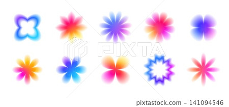 Blurry iridescent gradient flowers pack. Smooth rainbow blurred blossom shapes collection. Abstract fading bloom elements for sticker, poster, badge, collage. Vector bright gradation floral aura set Blurry iridescent gradient flowers pack. Smooth rainbow blurred blossom shapes collection. Abstract fading bloom elements for sticker, poster, badge, collage. Vector bright gradation floral aura set 141094546
