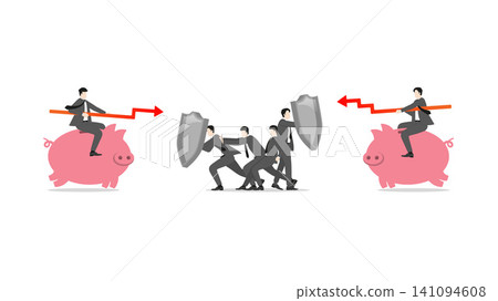 Business team defending against dual financial attacks, corporate resilience in crisis, multi-directional risk management, wealth protection strategy under pressure Business team defending against dual financial attacks, corporate resilience in crisis, multi-directional risk management, wealth protection strategy under pressure 141094608