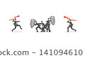 Corporate team holding shields resisting professional financial attacks, business conflict and market risk management concept, organizational protection strategy 141094610