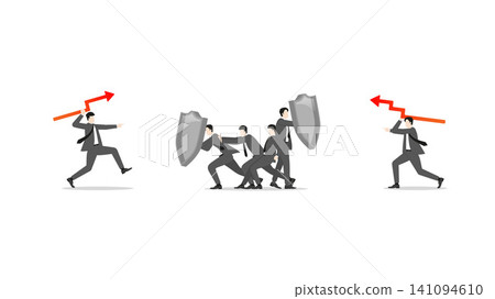 Corporate team holding shields resisting professional financial attacks, business conflict and market risk management concept, organizational protection strategy Corporate team holding shields resisting professional financial attacks, business conflict and market risk management concept, organizational protection strategy 141094610