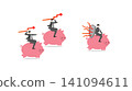 Businessmen fighting with red market graph weapons, piggy bank race, wealth protection strategy, financial risk management concept, asset defense against volatility 141094611