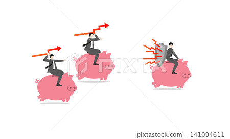 Businessmen fighting with red market graph weapons, piggy bank race, wealth protection strategy, financial risk management concept, asset defense against volatility Businessmen fighting with red market graph weapons, piggy bank race, wealth protection strategy, financial risk management concept, asset defense against volatility 141094611