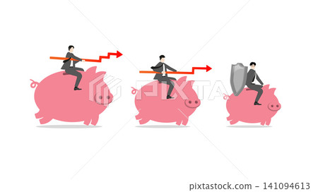 Businessmen on different sized piggy banks, big fish eats small fish concept, corporate monopoly, financial power inequality, market domination, wealth inequality Businessmen on different sized piggy banks, big fish eats small fish concept, corporate monopoly, financial power inequality, market domination, wealth inequality 141094613