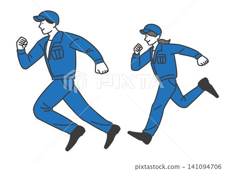 Vector illustration of a worker in overalls running towards the future / Communication / Site supervisor / Construction Vector illustration of a worker in overalls running towards the future / Communication / Site supervisor / Construction 141094706