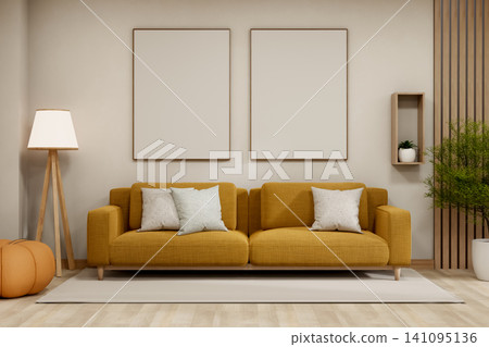 Scandinavian living room with yellow fabric sofa and twin frames Scandinavian living room with yellow fabric sofa and twin frames 141095136