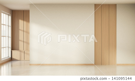 Empty minimalist wall mockup with wooden panel accent Empty minimalist wall mockup with wooden panel accent 141095144