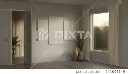 Rustic textured room with open double doors and triple frame mockups Rustic textured room with open double doors and triple frame mockups 141095149