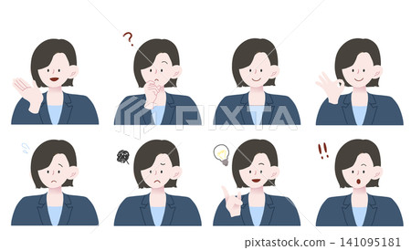 一套包含 8 個身著西裝的女性表情的插圖——簡潔的商務插圖。 一套包含 8 個身著西裝的女性表情的插圖——簡潔的商務插圖。 141095181