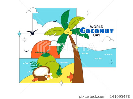 World Coconut Day Vector Illustration Featuring Fresh Tropical Coconuts, Palm Trees, Beach Scenery, Summer Vacation, and Exotic Island Nature World Coconut Day Vector Illustration Featuring Fresh Tropical Coconuts, Palm Trees, Beach Scenery, Summer Vacation, and Exotic Island Nature 141095478