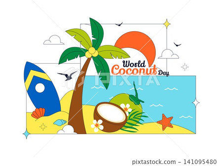 World Coconut Day Vector Illustration Featuring Fresh Tropical Coconuts, Palm Trees, Beach Scenery, Summer Vacation, and Exotic Island Nature World Coconut Day Vector Illustration Featuring Fresh Tropical Coconuts, Palm Trees, Beach Scenery, Summer Vacation, and Exotic Island Nature 141095480