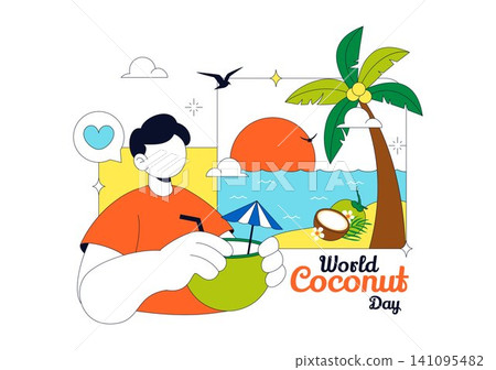 World Coconut Day Vector Illustration Featuring Fresh Tropical Coconuts, Palm Trees, Beach Scenery, Summer Vacation, and Exotic Island Nature World Coconut Day Vector Illustration Featuring Fresh Tropical Coconuts, Palm Trees, Beach Scenery, Summer Vacation, and Exotic Island Nature 141095482
