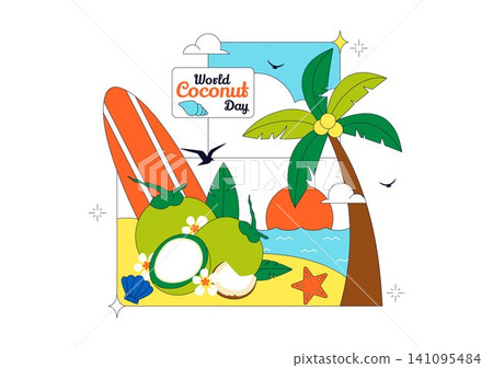 World Coconut Day Vector Illustration Featuring Fresh Tropical Coconuts, Palm Trees, Beach Scenery, Summer Vacation, and Exotic Island Nature World Coconut Day Vector Illustration Featuring Fresh Tropical Coconuts, Palm Trees, Beach Scenery, Summer Vacation, and Exotic Island Nature 141095484