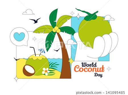 World Coconut Day Vector Illustration Featuring Fresh Tropical Coconuts, Palm Trees, Beach Scenery, Summer Vacation, and Exotic Island Nature World Coconut Day Vector Illustration Featuring Fresh Tropical Coconuts, Palm Trees, Beach Scenery, Summer Vacation, and Exotic Island Nature 141095485