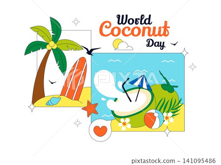 World Coconut Day Vector Illustration Featuring Fresh Tropical Coconuts, Palm Trees, Beach Scenery, Summer Vacation, and Exotic Island Nature 141095486