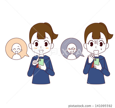 A set of two illustrations of female students in sailor uniforms communicating via smartphone. A set of two illustrations of female students in sailor uniforms communicating via smartphone. 141095592