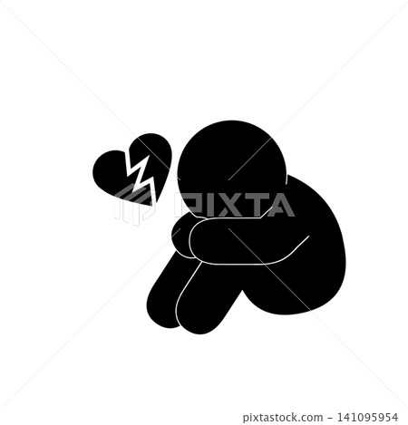 A simple pictogram of a person sitting with their legs to their chest, feeling depressed after a breakup. 141095954