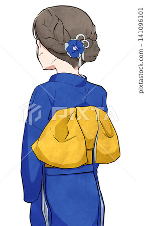 A woman with her back to the camera wearing a furisode kimono tied in a bunko knot. A woman with her back to the camera wearing a furisode kimono tied in a bunko knot. 141096101