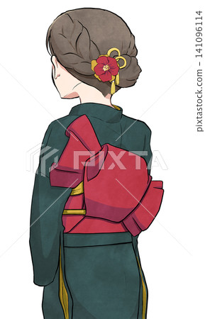 一位背對鏡頭的女子，身穿振袖和服，繫成立屋結。 141096114