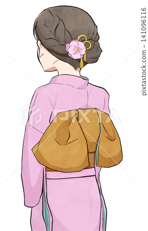 一位背對鏡頭的女子,身穿振袖和服,繫成文庫結。 一位背對鏡頭的女子,身穿振袖和服,繫成文庫結。 141096116