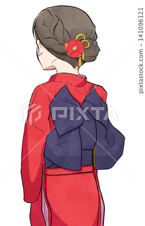 A woman with her back to the camera wearing a furisode kimono tied in a bunko knot. A woman with her back to the camera wearing a furisode kimono tied in a bunko knot. 141096121