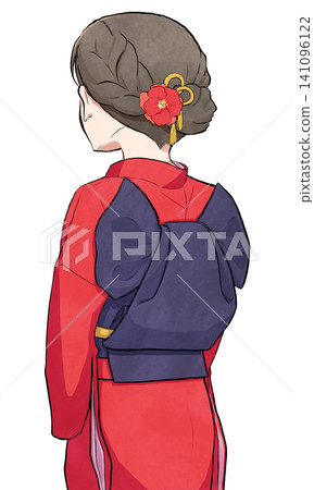 背對鏡頭的女子,身穿振袖和服,綁成福倉雀結。 背對鏡頭的女子,身穿振袖和服,綁成福倉雀結。 141096122