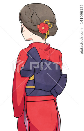 一位背對鏡頭的女子，身穿振袖和服，繫成立屋結。 141096123