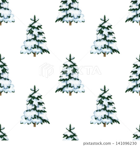 Seamless pattern of snowy Christmas trees. Hand-drawn watercolor illustration. Perfect for Christmas packaging, seasonal holiday prints, textiles, wallpaper, tablecloths, and more. Seamless pattern of snowy Christmas trees. Hand-drawn watercolor illustration. Perfect for Christmas packaging, seasonal holiday prints, textiles, wallpaper, tablecloths, and more. 141096230