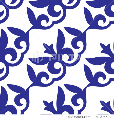 Seamless pattern with decorative floral ornament. Ethnic Asia ornament Kazakh, Kirghiz, Kalmyk, Mongol, Turkmen. For sandblasting, ceramic, laser cutting. Vector illustration. Blue color. 141096309