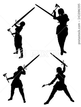 Silhouette of Warrior Woman with Sword and Axe Silhouette of Warrior Woman with Sword and Axe 141096395