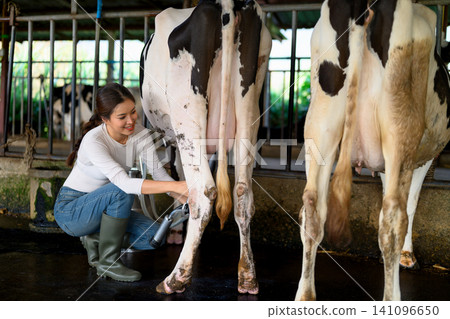 Dairy workers monitoring milking process and recording data in cow barn Dairy workers monitoring milking process and recording data in cow barn 141096650