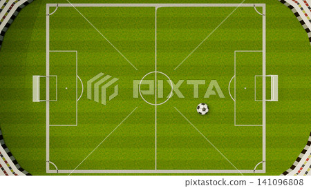 3D Render Football Field Top View with Soccer Ball on Green Pitch Stadium Illustration 3D Render Football Field Top View with Soccer Ball on Green Pitch Stadium Illustration 141096808