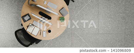 3D Render of Organized Office Desk Top View with Computer Monitor Keyboard Notebook and Succulent Plant 3D Render of Organized Office Desk Top View with Computer Monitor Keyboard Notebook and Succulent Plant 141096809