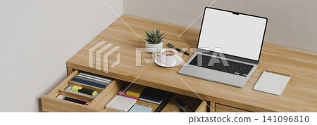3D Render of Organized Wooden Office Desk with Laptop, Open Drawers, Stationery, Coffee Cup and Succulent Plant 3D Render of Organized Wooden Office Desk with Laptop, Open Drawers, Stationery, Coffee Cup and Succulent Plant 141096810