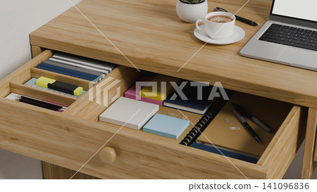 3D Render of Organized Wooden Desk Drawers with Stationery, Laptop, and Coffee Cup Home Office Setup 3D Render of Organized Wooden Desk Drawers with Stationery, Laptop, and Coffee Cup Home Office Setup 141096836