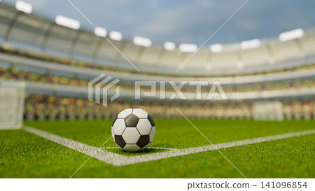 3D Render of Soccer Ball on Green Grass Field at Football Stadium with Crowd and Goal 141096854