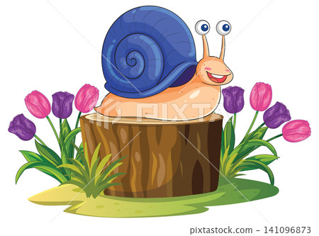 Happy Cartoon Snail Resting on a Wooden Stump Surrounded by Tulips Happy Cartoon Snail Resting on a Wooden Stump Surrounded by Tulips 141096873
