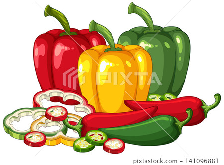 Vector Illustration of Whole and Sliced Red Yellow and Green Peppers 141096881