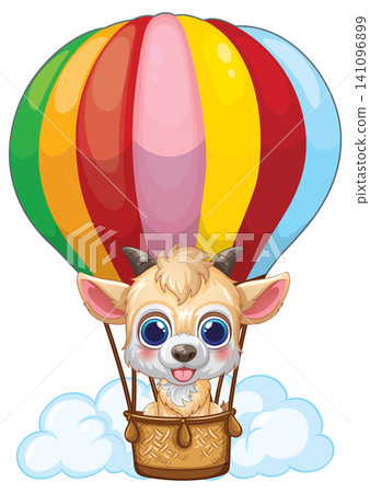 Cute Cartoon Goat Flying in a Colorful Hot Air Balloon Cute Cartoon Goat Flying in a Colorful Hot Air Balloon 141096899