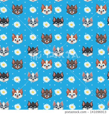 Seamless Vector Pattern with Cute Cartoon Cat Faces and Daisies Seamless Vector Pattern with Cute Cartoon Cat Faces and Daisies 141096913