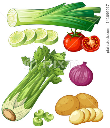 Flat Lay Vector Illustration of Fresh Soup Vegetables and Ingredients Flat Lay Vector Illustration of Fresh Soup Vegetables and Ingredients 141096917