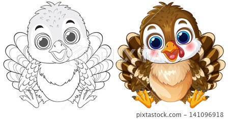 Cute Cartoon Baby Turkey Vector Illustration with Coloring Page Version Cute Cartoon Baby Turkey Vector Illustration with Coloring Page Version 141096918