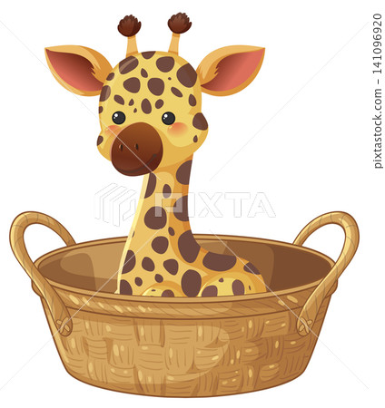 Cute Cartoon Giraffe Sitting Inside a Woven Wicker Basket Cute Cartoon Giraffe Sitting Inside a Woven Wicker Basket 141096920
