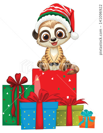 Cute Cartoon Meerkat Wearing Santa Hat Sitting on Christmas Gift Boxes Cute Cartoon Meerkat Wearing Santa Hat Sitting on Christmas Gift Boxes 141096922